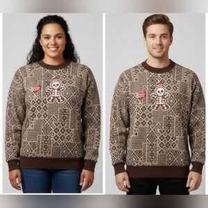 Vintage Unisex Christmas Skeleton Cookie Lover Brown, Tan, White Sweater Size L